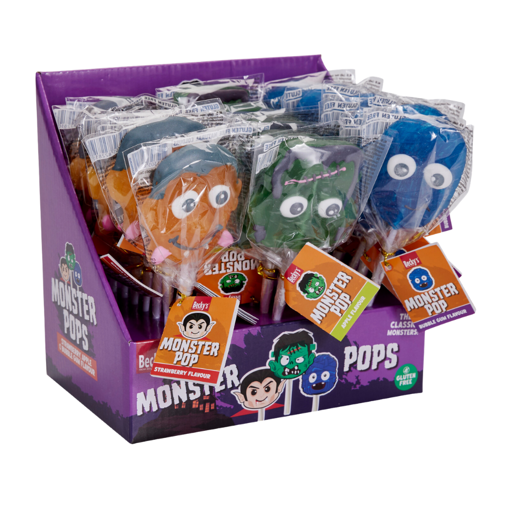 Becky's Monster Lollipops Strawberry Apple Bubble Gum 24 x 50g