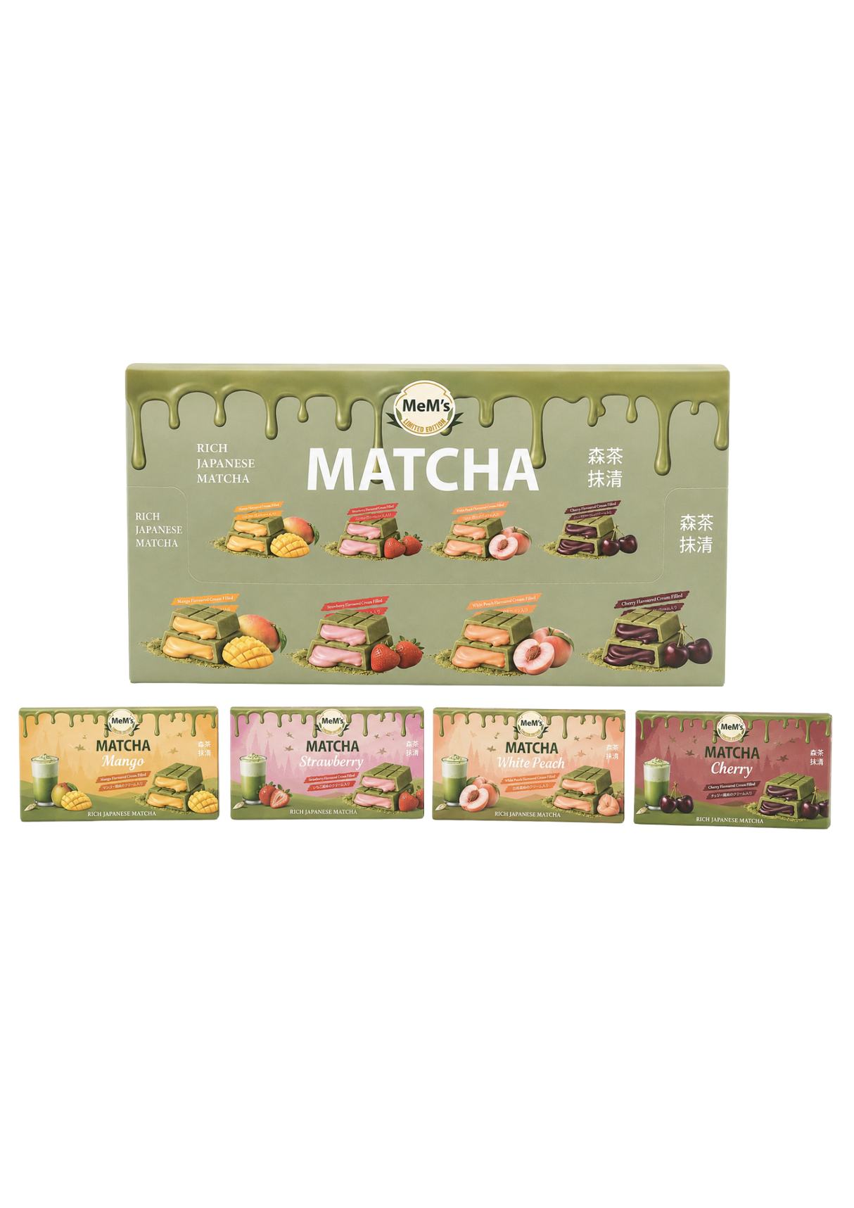 MeM's Matcha Chocolate 4 Flavor Mango Strawberry Peach Cherry 24 x 100g