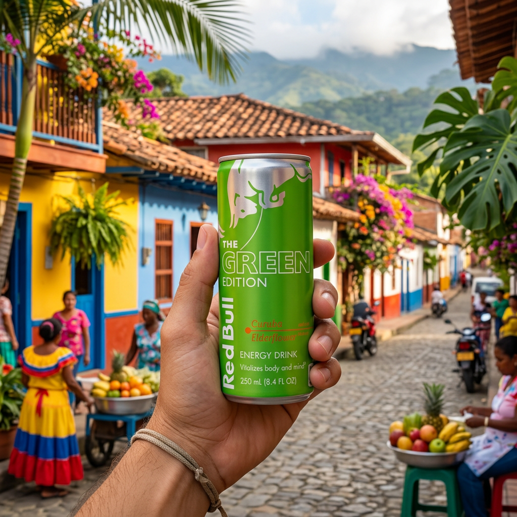 Main tenant une cannette Red Bull Green Edition dans un village colombien à l’ambiance tropicale et exotique.