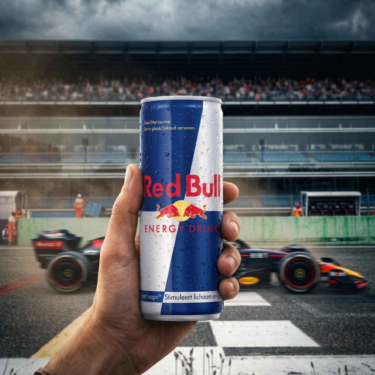 Canette Red Bull tenue à la main devant une F1 Red Bull floue en pleine vitesse sur un circuit.