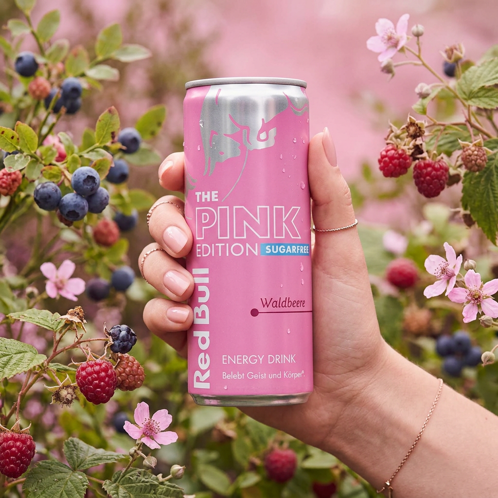 Main féminine tenant une cannette Red Bull Pink Edition devant des arbustes de fruits rouges et des fleurs roses.