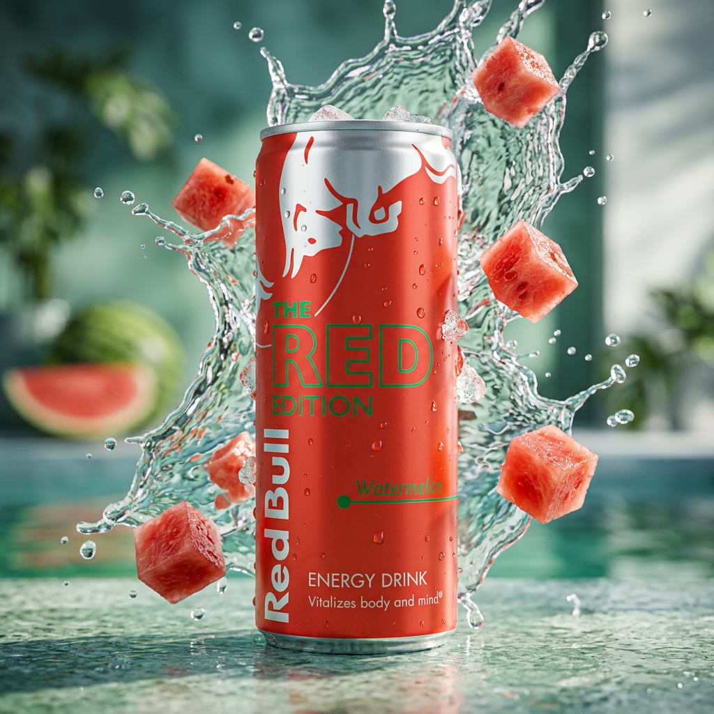 Cannette Red Bull Watermelon avec splash d’eau dynamique et morceaux de pastèque dans une ambiance estivale énergique.