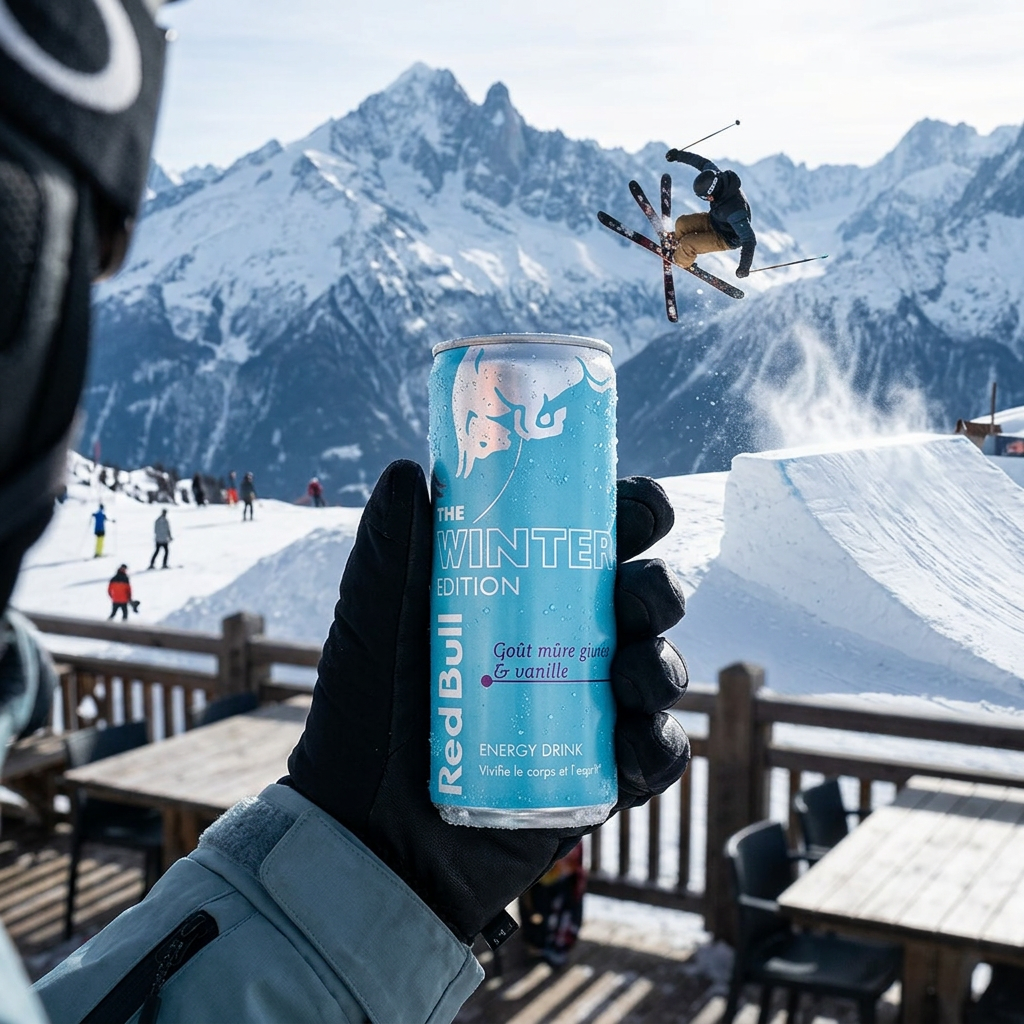 Main tenant une cannette Red Bull Winter Edition en terrasse de ski avec un skieur réalisant une figure acrobatique en arrière-plan.
