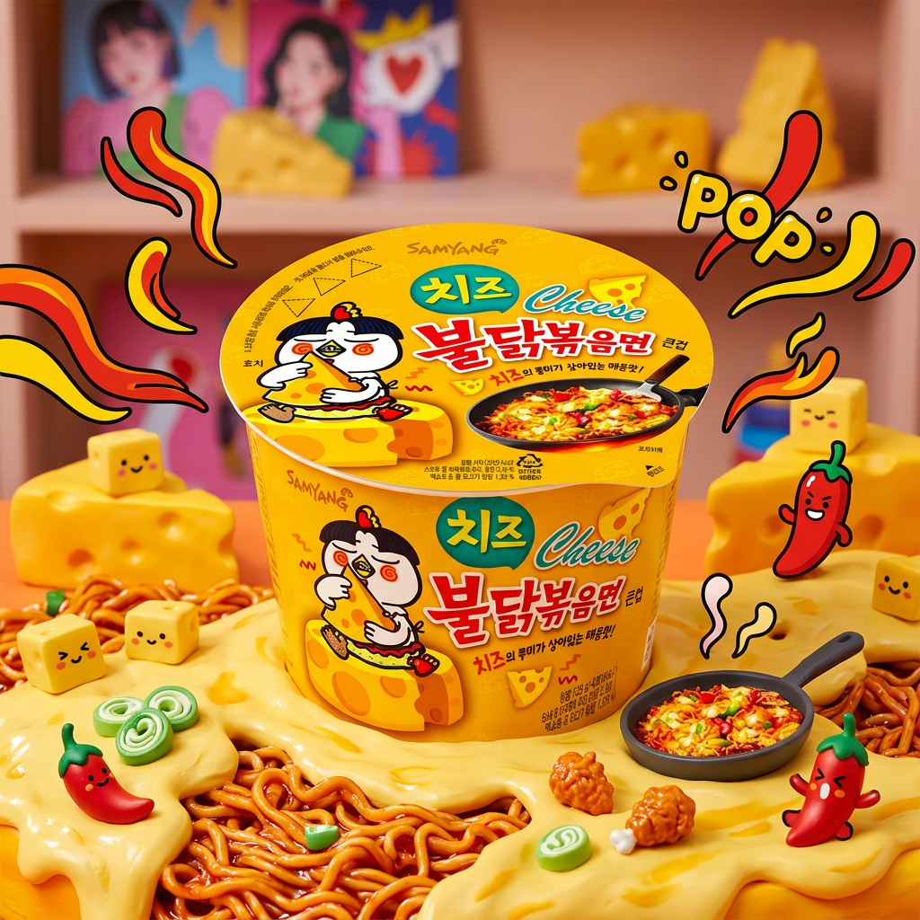 Bowl Samyang Hot Chicken Cheese au premier plan avec personne dégustant des nouilles dans une ambiance pop coréenne.