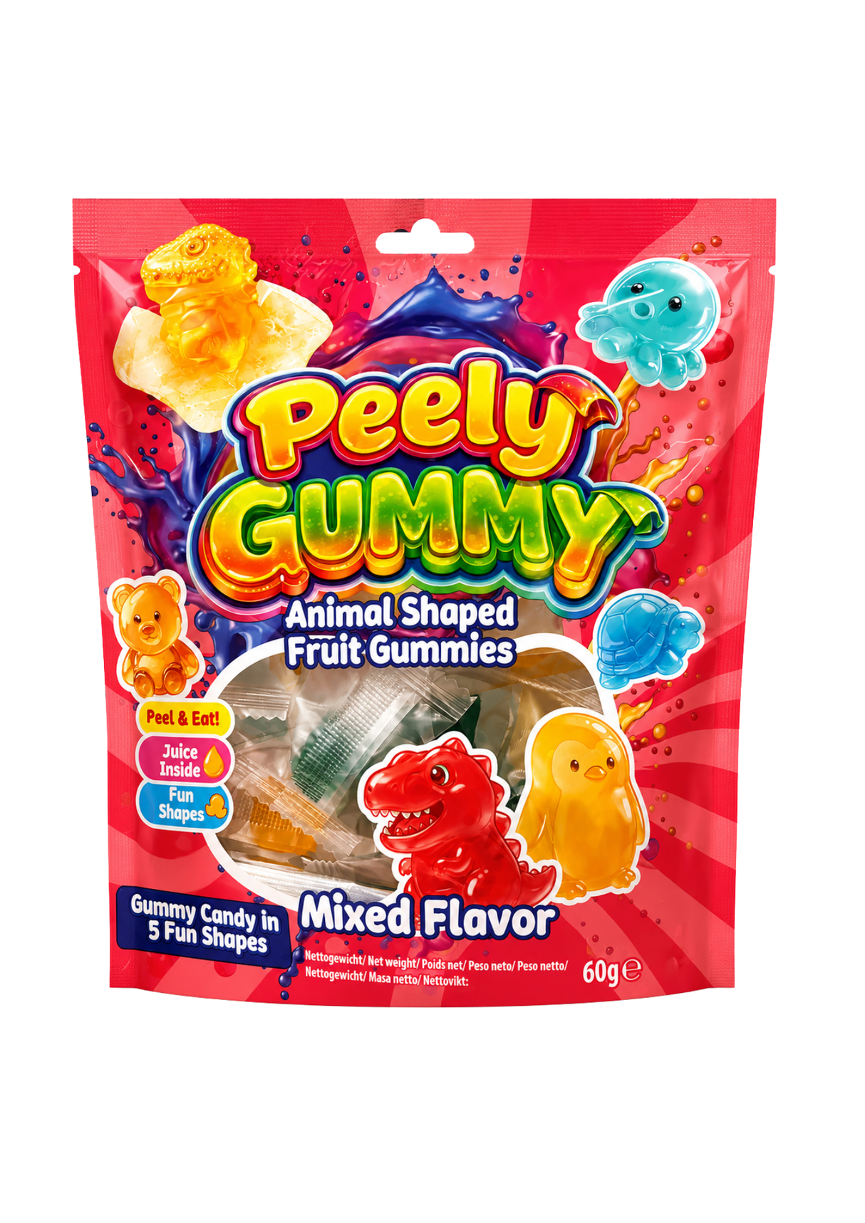 Peely Gummy Animal Shaped Fruit Gummies Mixed Flavor 36 x 60g