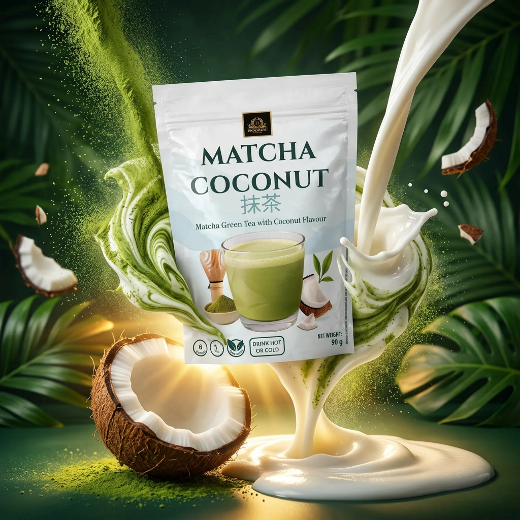 Bardollini Matcha Coconut, poudre instantanée pour latte crémeux saveur matcha japonais et noix de coco, texture veloutée façon barista, chaud ou glacé, disponible sur Planet Foods.