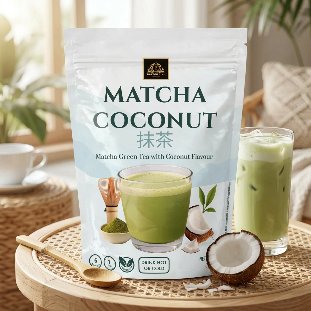 Bardollini Matcha Coconut, poudre instantanée pour latte crémeux saveur matcha japonais et noix de coco, texture veloutée façon barista, chaud ou glacé, disponible sur Planet Foods.