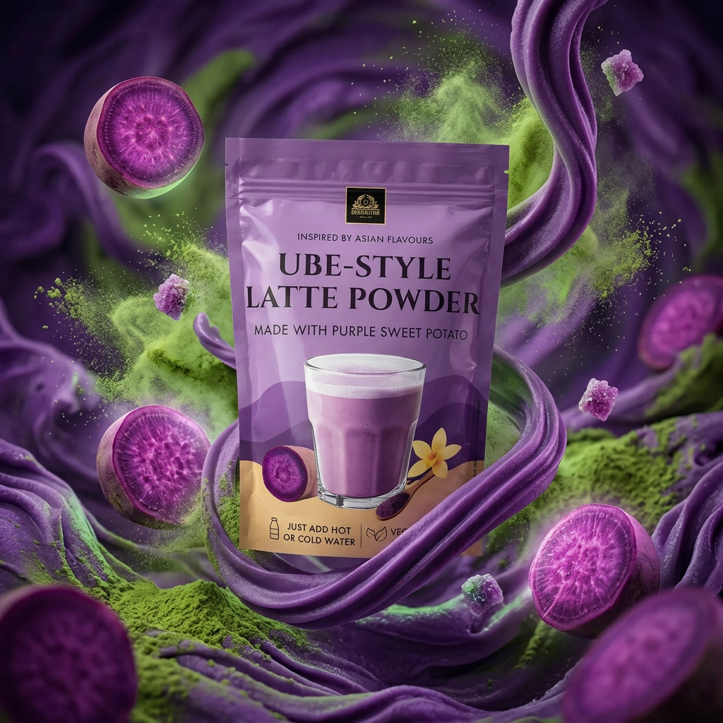 Bardollini Matcha Ube Style Latte, poudre instantanée pour latte crémeux matcha et patate douce violette philippine, 6.5% d'ube véritable, couleur naturellement violacée, texture soyeuse chaud ou glacé, disponible sur Planet Foods