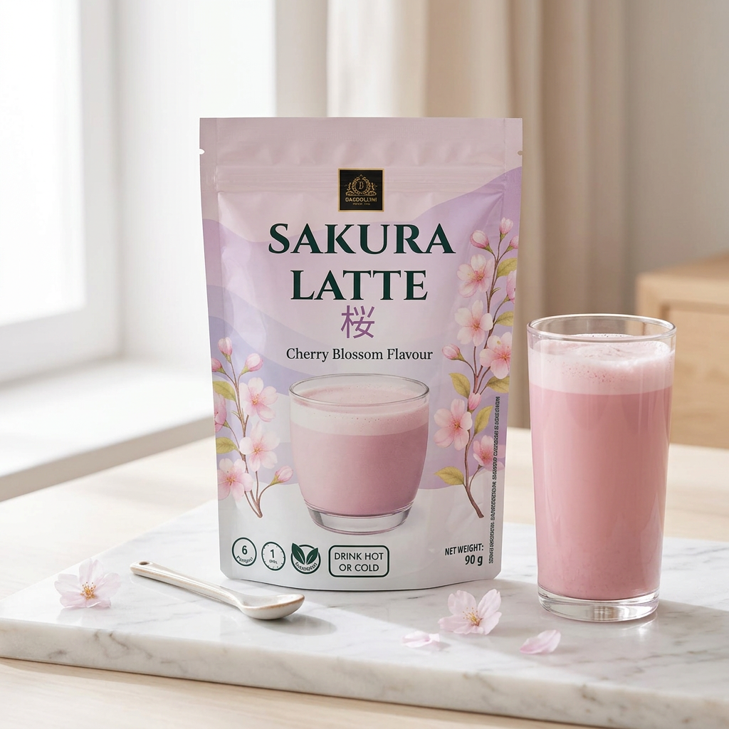 Bardollini Sakura Latte, poudre instantanée pour latte crémeux saveur fleur de cerisier japonaise, teinte rosée naturelle à la betterave rouge, texture veloutée façon barista, disponible sur Planet Foods.