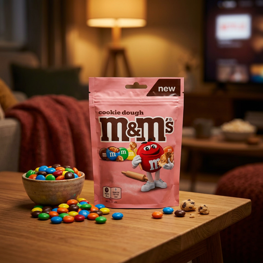 M&M's Cookie Dough Pouch 176g, dragées chocolat au lait fourrées coeur fondant saveur pâte à cookie, enrobage coque sucrée colorée, format pochette genereux disponible sur Planet Foods.