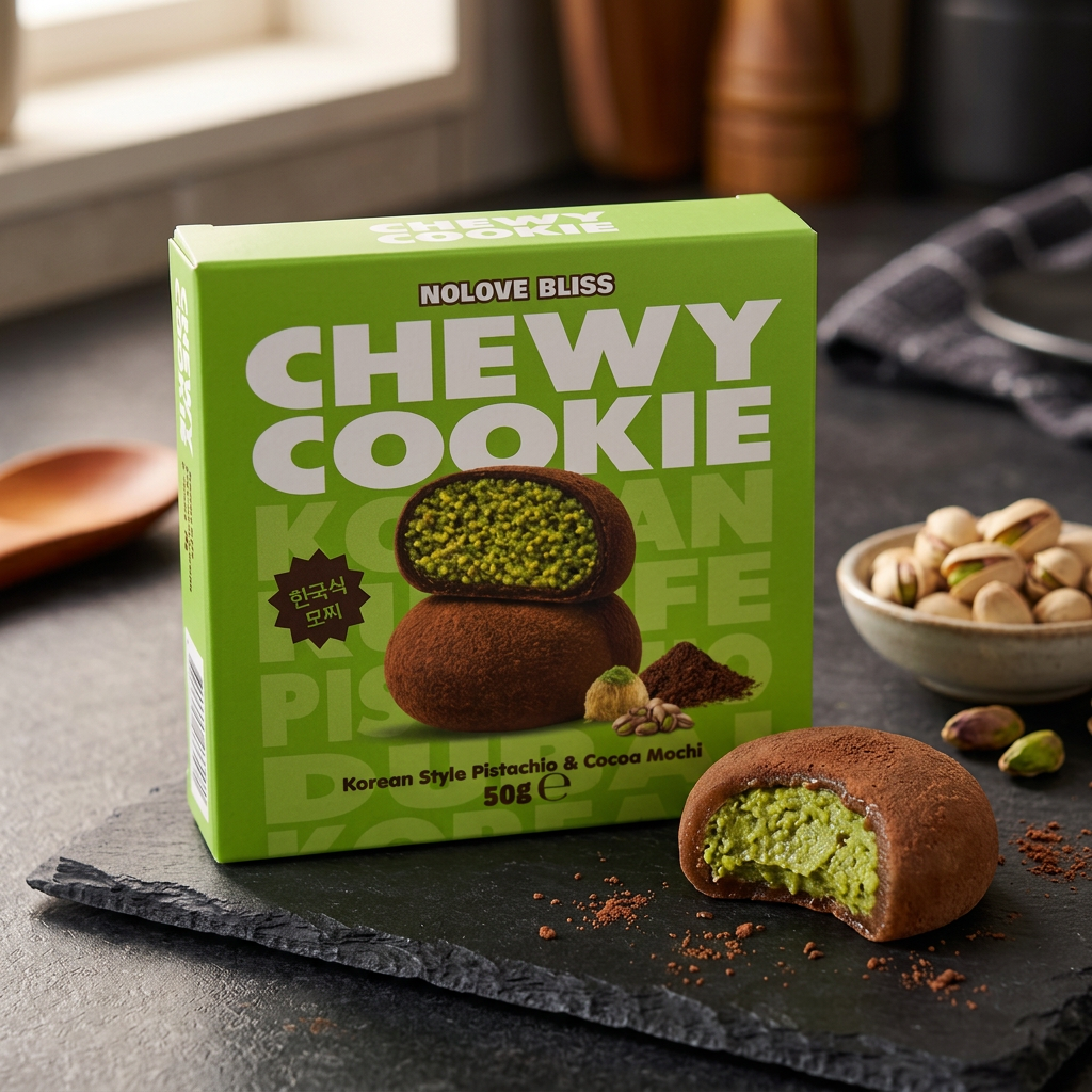 NoLove Bliss Chewy Cookie Pistachio Cocoa Mochi, snack mochi moelleux fourré à la crème pistache avec 15% de vraies pistaches et enrobage cacao biscuité, texture chewy et crémeux, disponible sur Planet Foods.