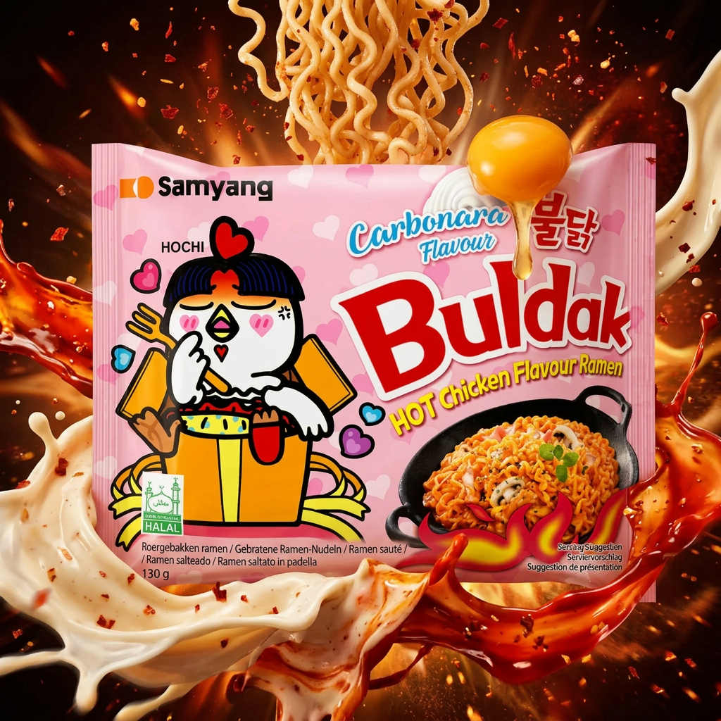 Samyang Ramen Hot Chicken Carbo, nouilles instantanées coréennes saveur poulet épicé sauce carbonara crémeuse, alliance feu et douceur en un bol, disponible sur Planet Foods.