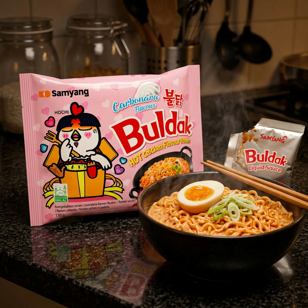 Samyang Ramen Hot Chicken Carbo, nouilles instantanées coréennes saveur poulet épicé sauce carbonara crémeuse, alliance feu et douceur en un bol, disponible sur Planet Foods.