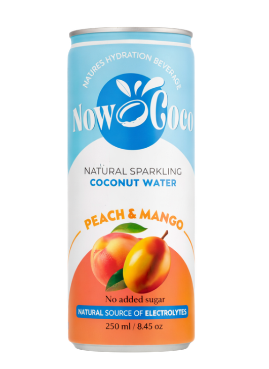 Now Coco Sparkling Coconut Water Peach & Mango 12 x 250ml DDM 2026-10