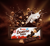 Kinder Bueno Dark avec packaging au premier plan, explosion de chocolat noir, éclats de noisettes et splash de lait dans un style publicitaire gourmand et premium.
