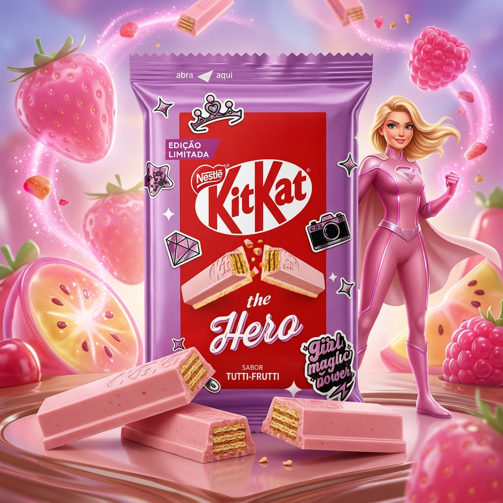 Kit Kat Hero dans un univers fruité coloré avec une super-héroïne moderne en combinaison rose et ambiance gourmande tutti frutti.