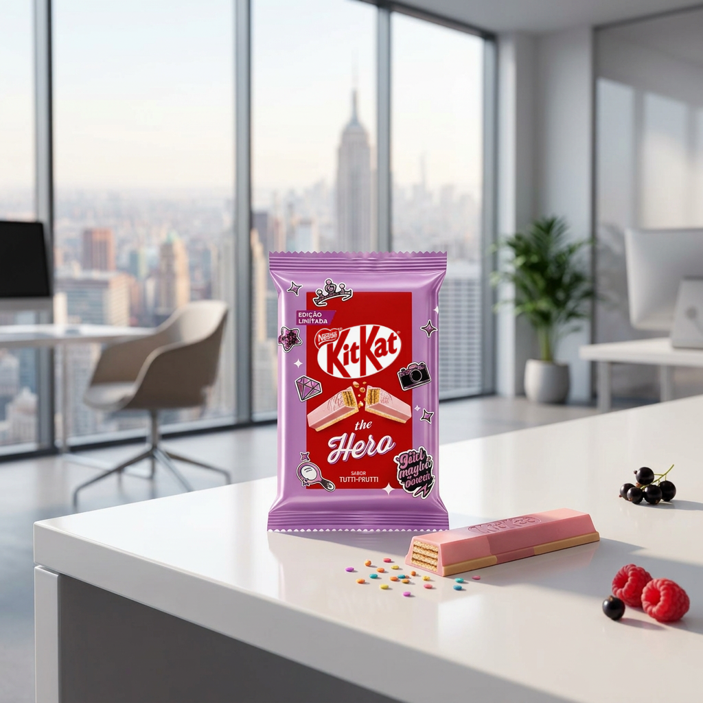 Kit Kat Hero posé sur un bureau new-yorkais moderne dans une ambiance sobre et premium.