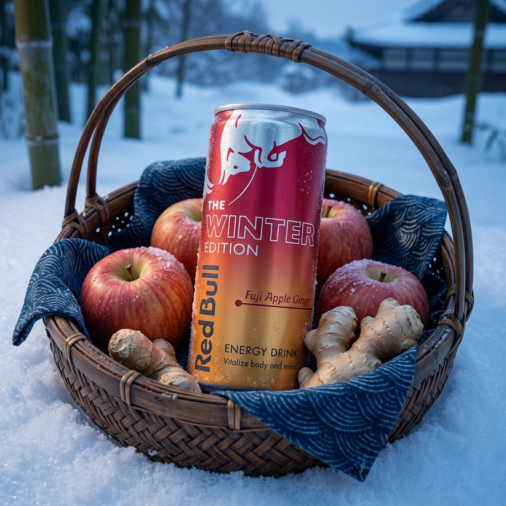 Cannette Red Bull Winter Edition Fuji Apple Ginger dans un panier japonais enneigé avec ambiance inspirée du nord du Japon.