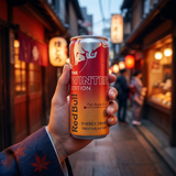 Main en kimono japonais tenant une cannette Red Bull Winter Edition devant une ruelle japonaise aux tons rouges et orangés.