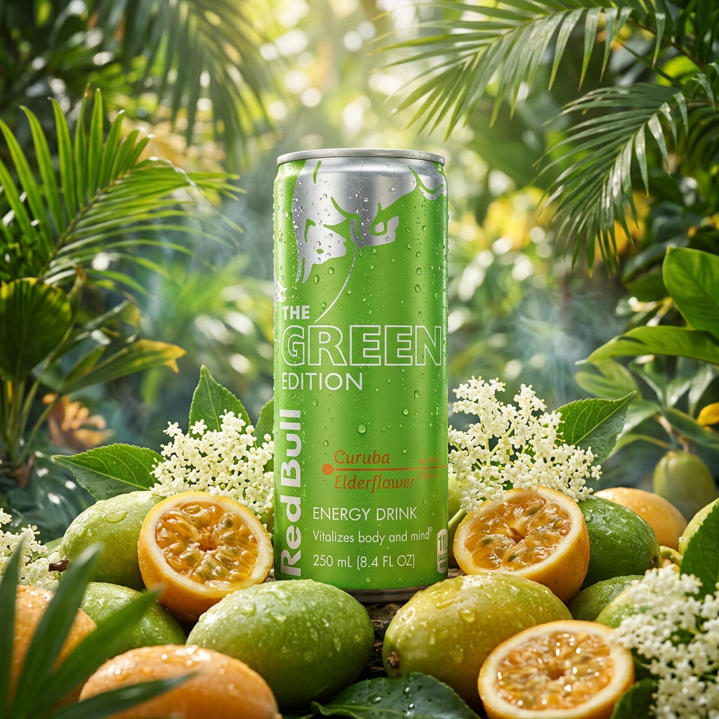 Cannette Red Bull Green Edition entourée de fruits curuba et de fleurs de sureau dans une ambiance tropicale exotique.