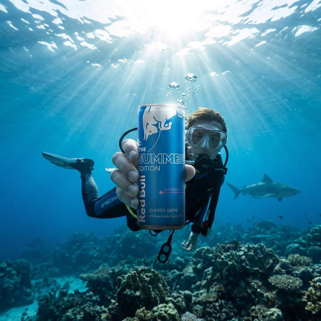 Plongeur tenant une cannette Red Bull Summer Edition Juneberry sous l’eau avec un requin taureau discret en arrière-plan.