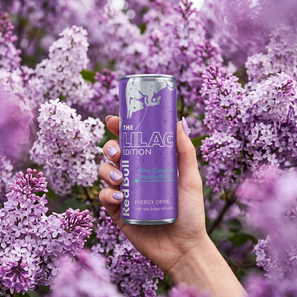 Main féminine tenant une canette Red Bull Lilac Edition devant un arbuste de lilas violet dans une ambiance printanière.