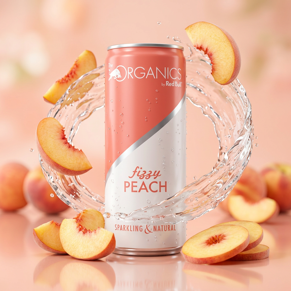 Cannette Red Bull Organics Fizzy Peach entourée de morceaux de pêche avec un tourbillon d’eau dans une ambiance douce et fraîche.