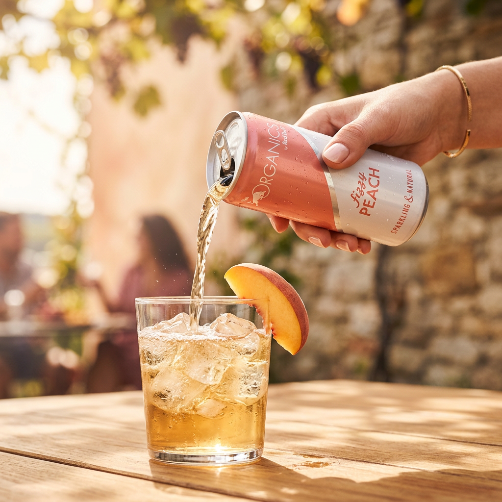 Main versant du Red Bull Organics Fizzy Peach dans un verre avec glaçons et tranche de pêche dans une ambiance fraîche et estivale.