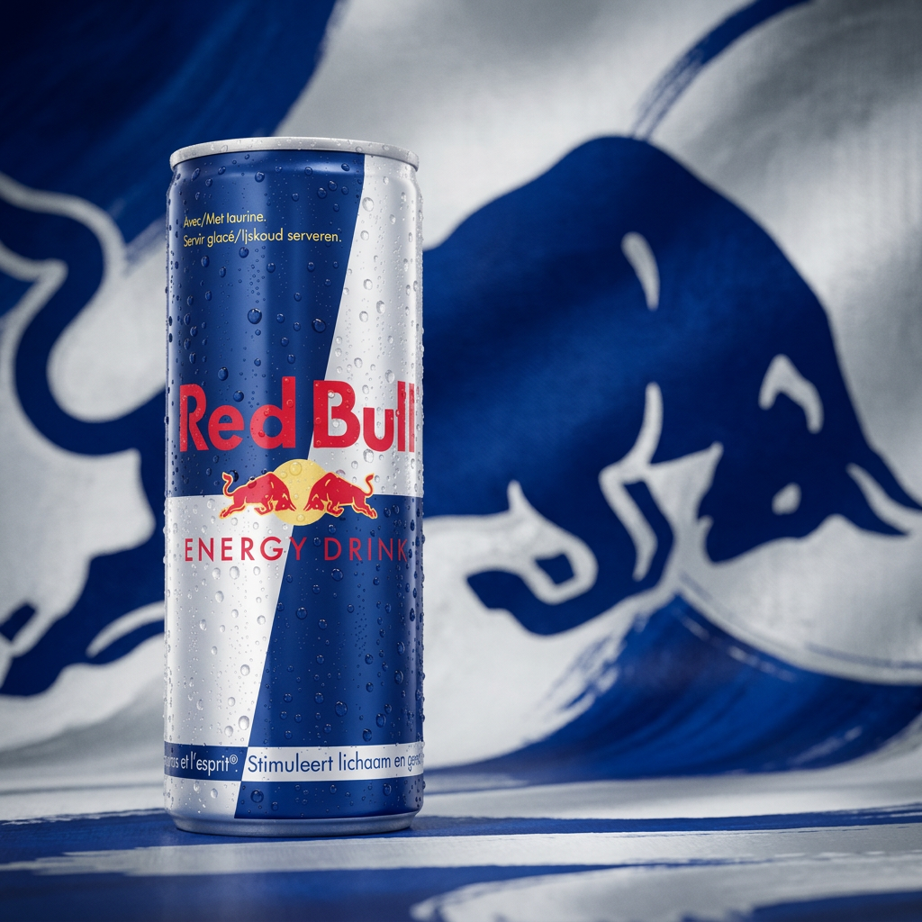 Cannette Red Bull Original en studio avec fond bleu et argent inspiré de l’univers visuel emblématique de Red Bull.