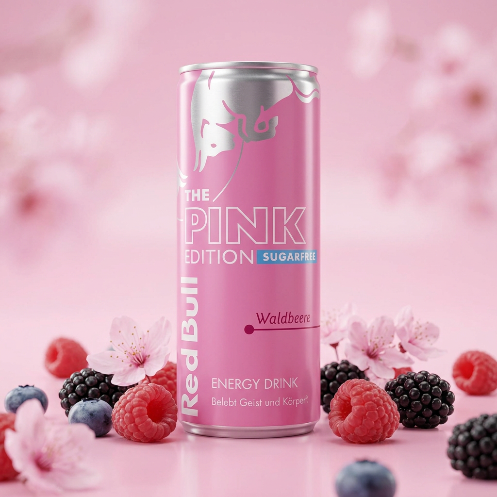 Cannette Red Bull Pink Edition Sugar Free entourée de fruits rouges dans une ambiance rose douce et légère.