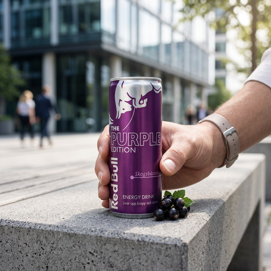 Cannette Red Bull Purple Edition tenue à la main sur un banc urbain en béton avec des cassis dans une ambiance city moderne et réaliste.