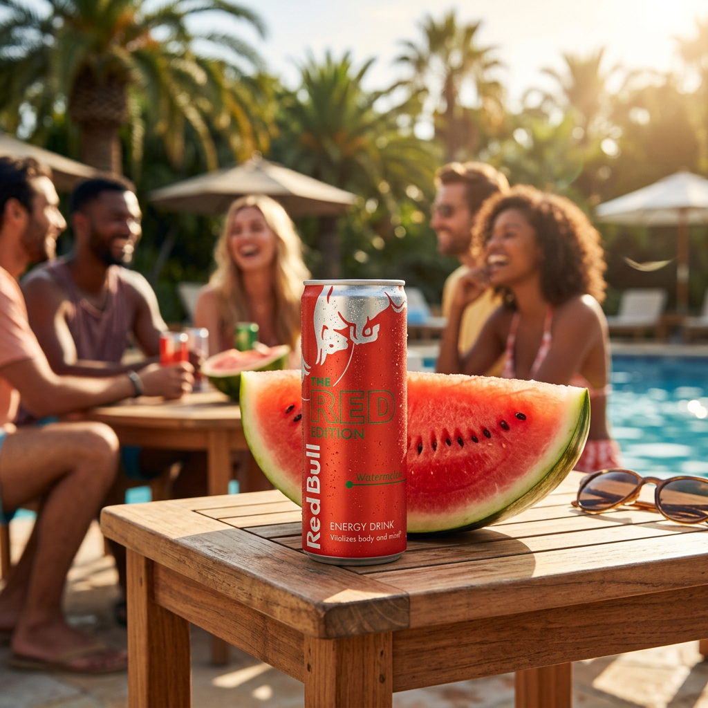 Cannette Red Bull Watermelon sur une table d’été avec une grande tranche de pastèque et une ambiance estivale en arrière-plan.
