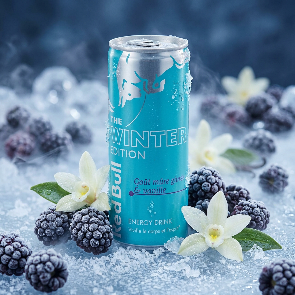Cannette Red Bull Winter Edition entourée de mûres givrées et fleurs de vanille dans une ambiance hivernale fraîche et gourmande.