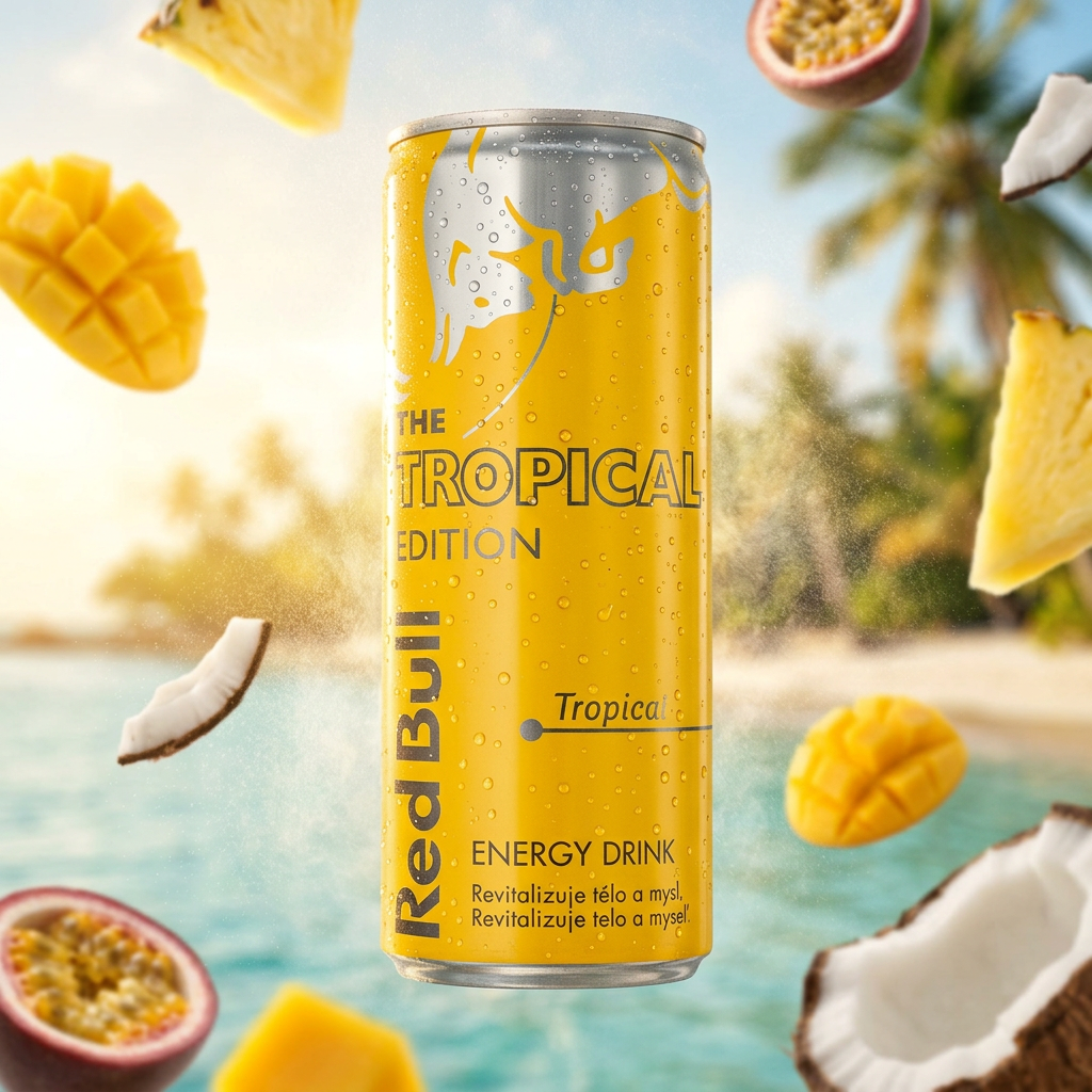 Cannette Red Bull Yellow Tropical flottant dans un ciel ensoleillé avec voile d’eau et fruits tropicaux autour.