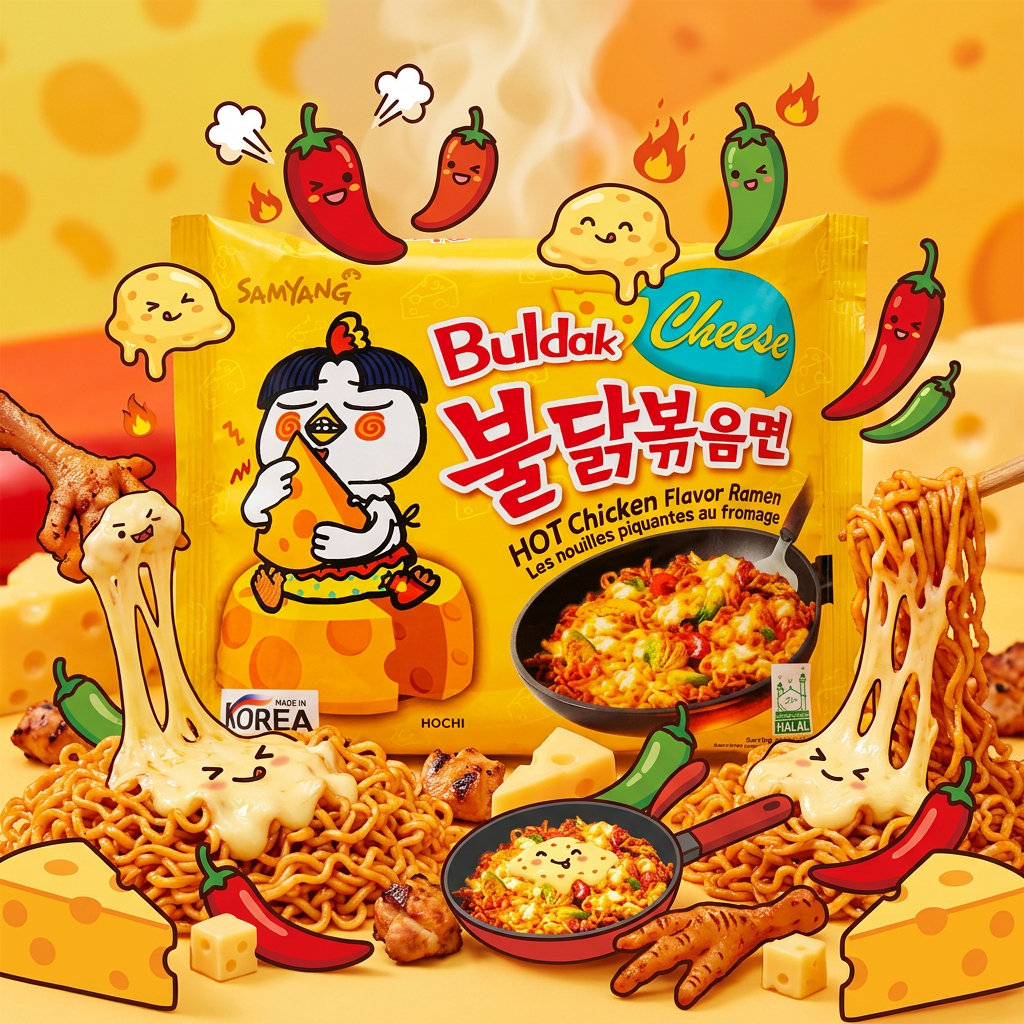 Paquet Samyang Hot Chicken Cheese au premier plan avec personne dégustant des nouilles dans une ambiance pop coréenne.
