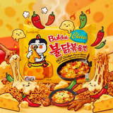 Paquet Samyang Hot Chicken Cheese au premier plan avec personne dégustant des nouilles dans une ambiance pop coréenne.