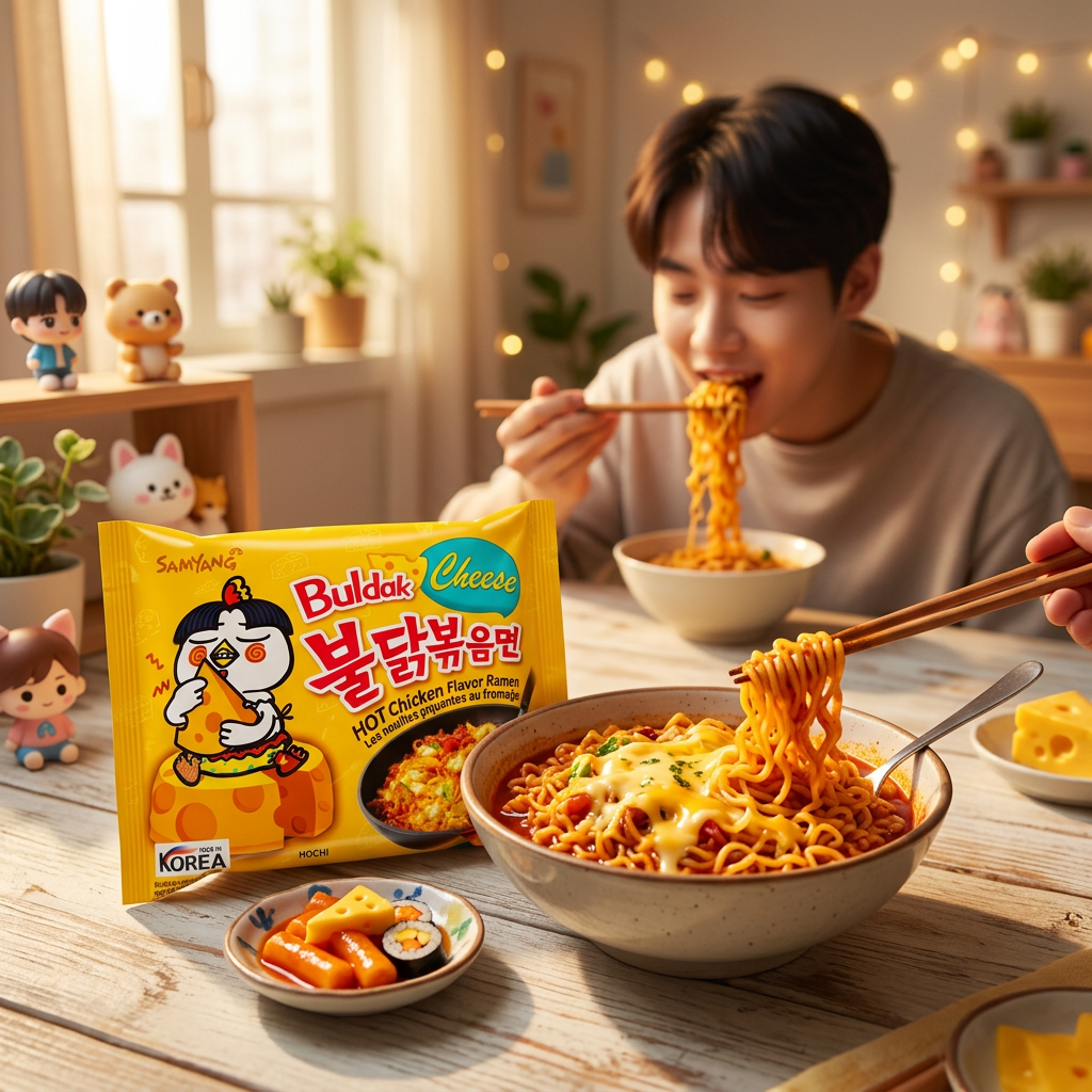 Paquet Samyang Hot Chicken Cheese intégré dans une scène kawaii coréenne réaliste avec nouilles au fromage et ambiance chaleureuse.