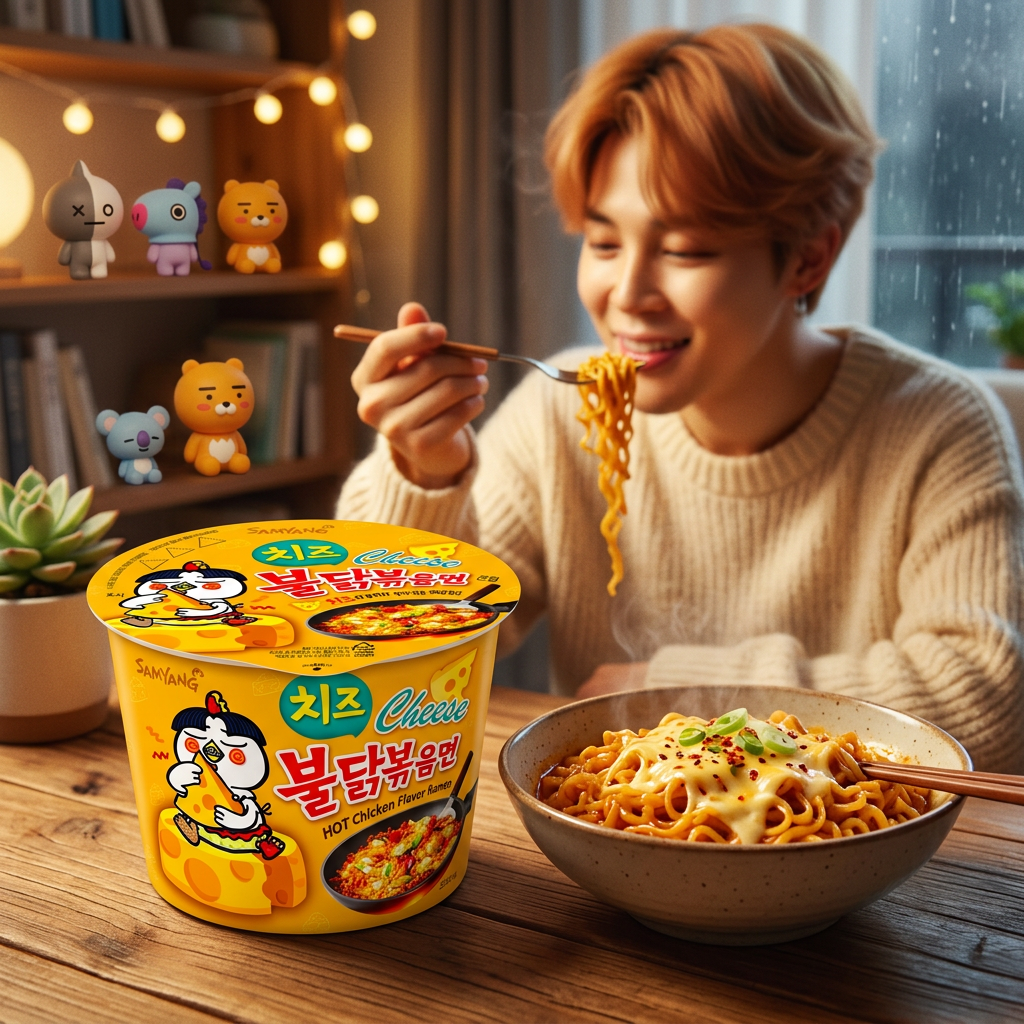 Bowl Samyang Hot Chicken Cheese intégré dans une scène kawaii coréenne réaliste avec nouilles au fromage et ambiance chaleureuse.