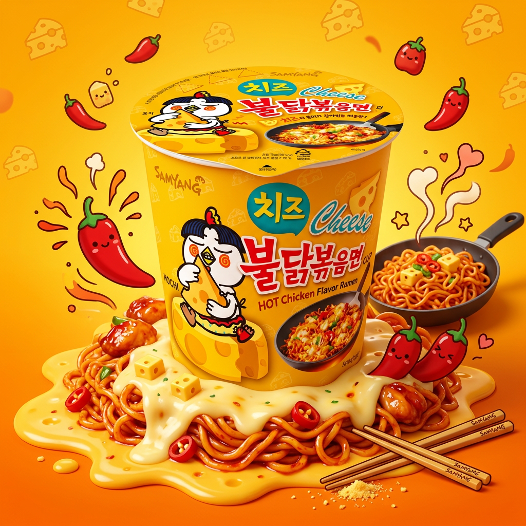 Cup Samyang Hot Chicken Cheese au premier plan avec personne dégustant des nouilles dans une ambiance pop coréenne.