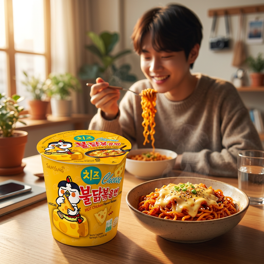 Cup Samyang Hot Chicken Cheese intégré dans une scène kawaii coréenne réaliste avec nouilles au fromage et ambiance chaleureuse.