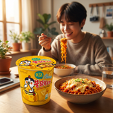 Cup Samyang Hot Chicken Cheese intégré dans une scène kawaii coréenne réaliste avec nouilles au fromage et ambiance chaleureuse.