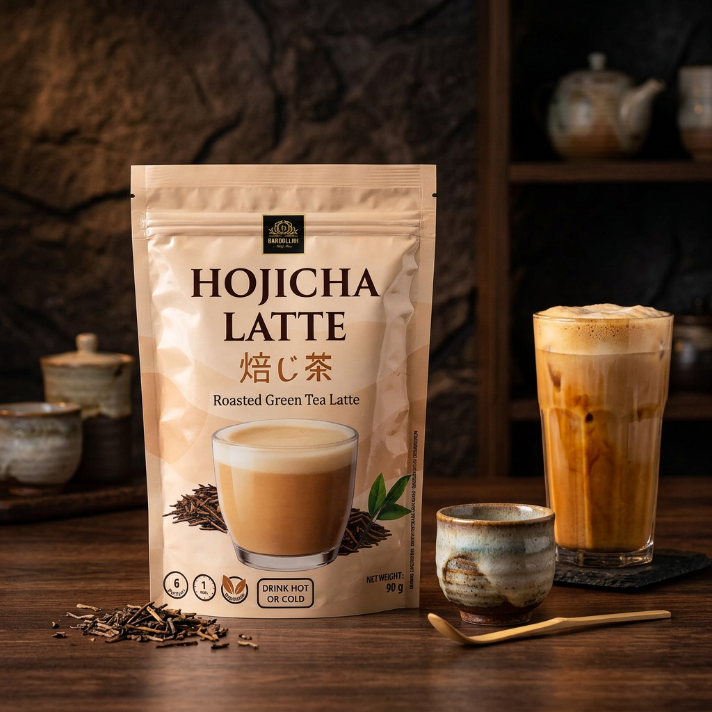 Bardollini Hojicha Latte, poudre instantanée pour latte crémeux au thé vert japonais torréfié, notes de noisette et caramel, texture veloutée façon barista, chaud ou glacé, disponible sur Planet Foods.
