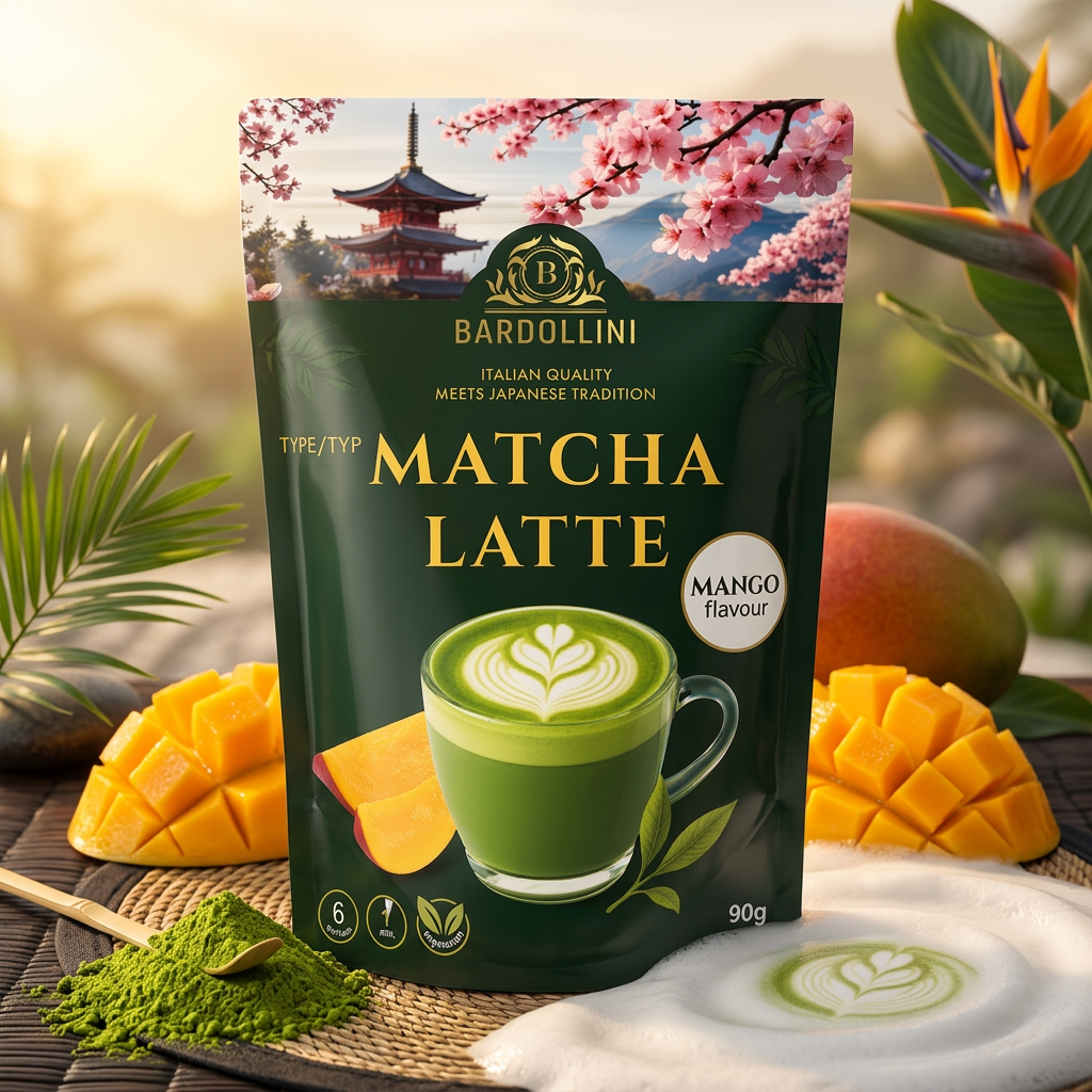 Bardollini Matcha Latte Mango, poudre instantanée pour latte crémeux saveur matcha et mangue tropicale, 3% de thé vert matcha, texture onctueuse façon barista, disponible sur Planet Foods.