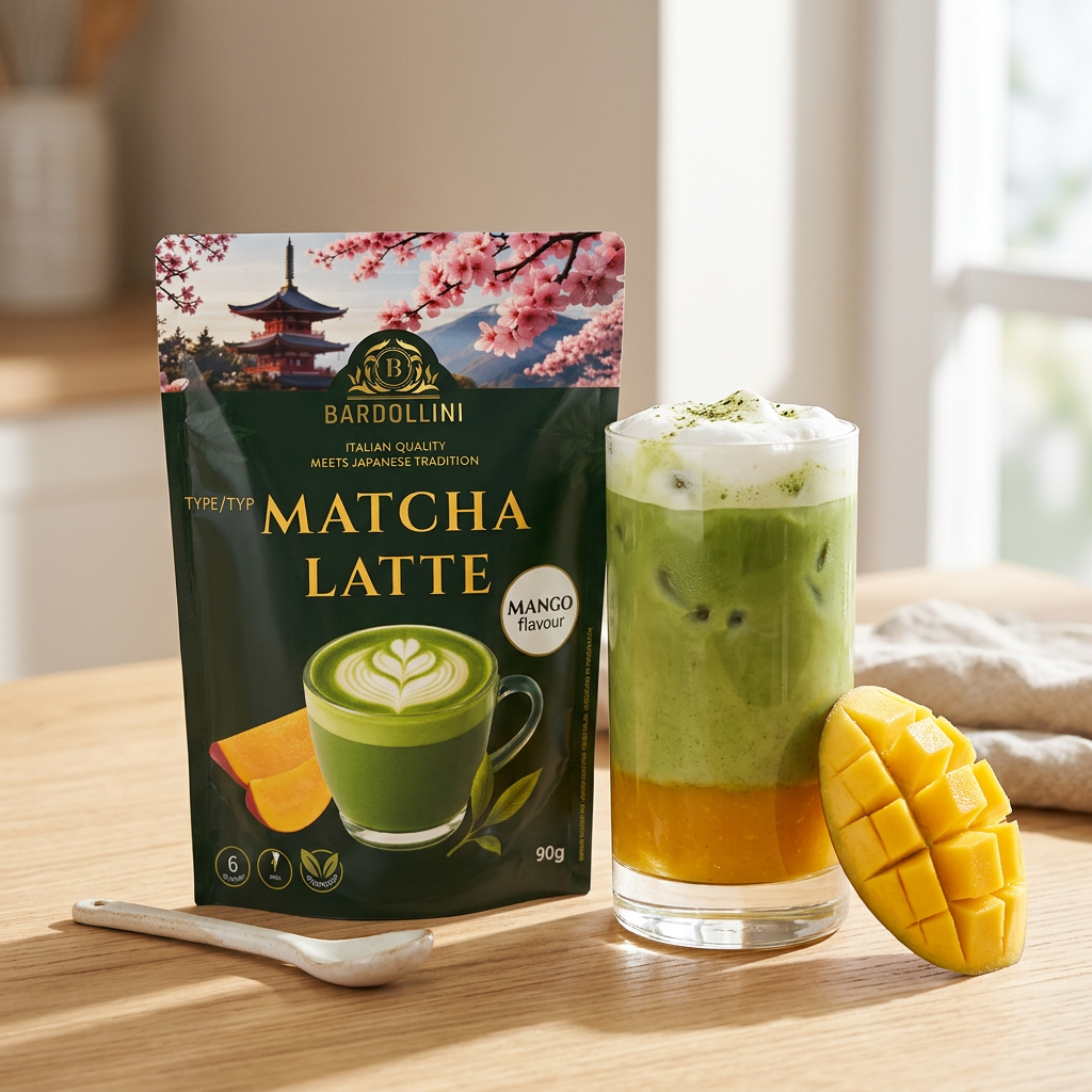 Bardollini Matcha Latte Mango, poudre instantanée pour latte crémeux saveur matcha et mangue tropicale, 3% de thé vert matcha, texture onctueuse façon barista, disponible sur Planet Foods.