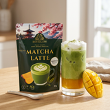 Bardollini Matcha Latte Mango, poudre instantanée pour latte crémeux saveur matcha et mangue tropicale, 3% de thé vert matcha, texture onctueuse façon barista, disponible sur Planet Foods.