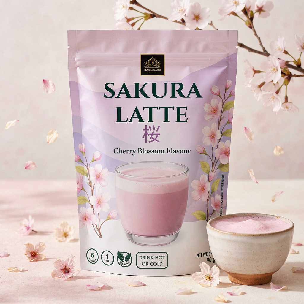 Bardollini Sakura Latte, poudre instantanée pour latte crémeux saveur fleur de cerisier japonaise, teinte rosée naturelle à la betterave rouge, texture veloutée façon barista, disponible sur Planet Foods.
