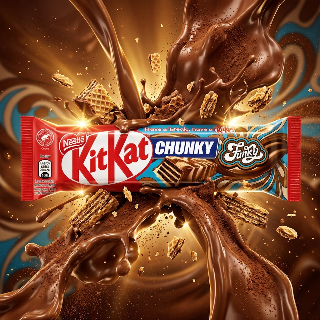 KitKat Chunky Funky, barre chocolatée grand format au chocolat au lait genereux avec coeur de gaufrette croustillante, edition internationale Nestlé disponible sur Planet Foods, pour une pause intense et gourmande.