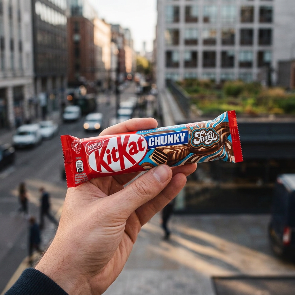 KitKat Chunky Funky, barre chocolatée grand format au chocolat au lait genereux avec coeur de gaufrette croustillante, edition internationale Nestlé disponible sur Planet Foods, pour une pause intense et gourmande.