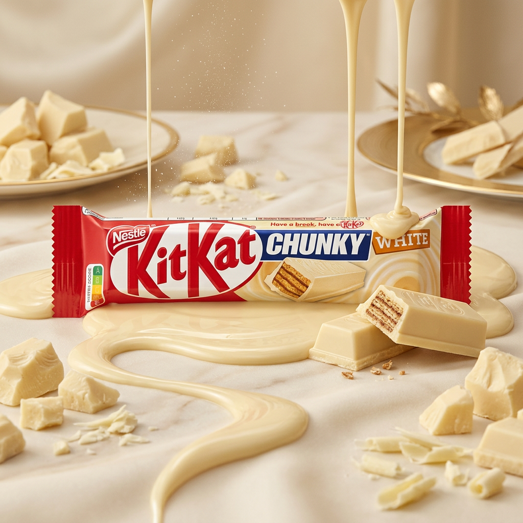 KitKat Chunky White, barre chocolatée grand format enrobée de chocolat blanc fondant avec coeur de gaufre croustillante, édition Nestlé disponible sur Planet Foods, idéale pour une pause gourmande généreuse.