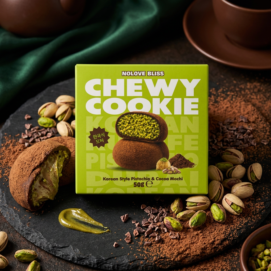 NoLove Bliss Chewy Cookie Pistachio Cocoa Mochi, snack mochi moelleux fourré à la crème pistache avec 15% de vraies pistaches et enrobage cacao biscuité, texture chewy et crémeux, disponible sur Planet Foods.